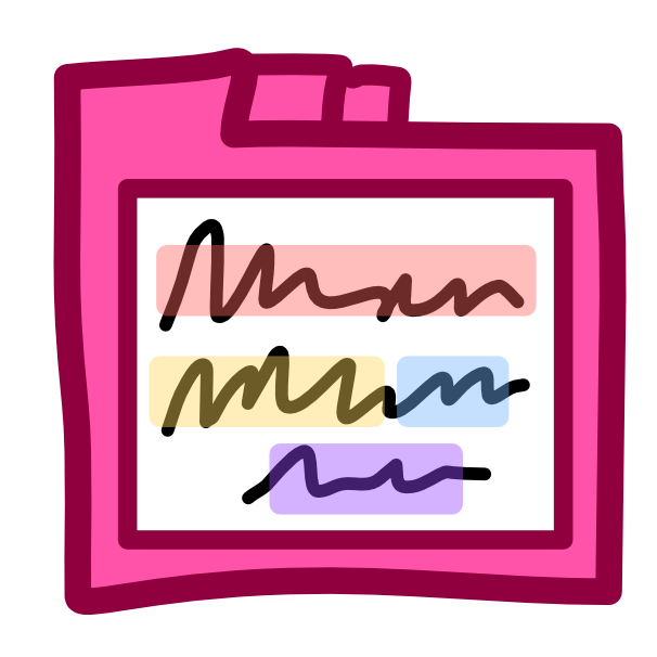 a pink filing folder with a white square on the front, inside the square are 3 black scribbles one over the other, each scribble has a unique highlight color, the center scribble has 2  different highlights. The highlight colors are pink, yellow, blue, and purple